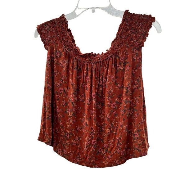 American Eagle Women's Scoop Neck Smocked Top Orange/Multi Floral Size Small - Picture 1 of 9